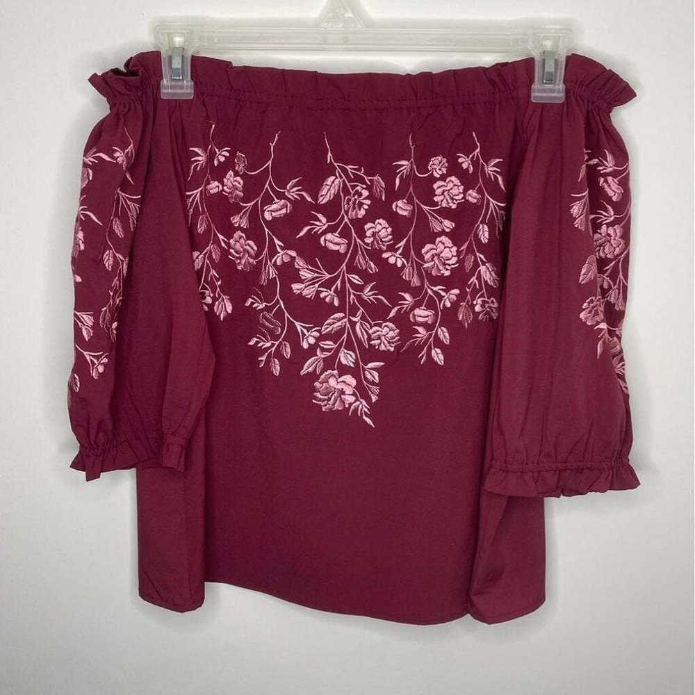 Charlotte Russe Off Shoulders Burgundy Embroidery Top Size: L